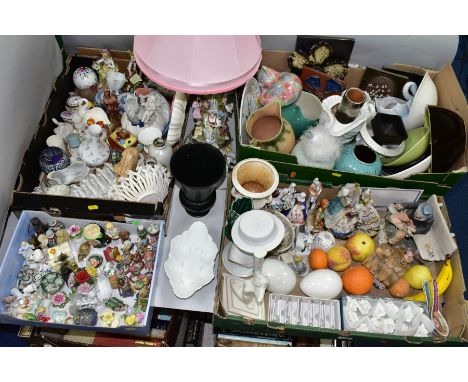 FOUR BOXES AND LOOSE CERAMICS AND SUNDRY ORNAMENTS, to include a figural table lamp height to top of fitting 38cm, a Capodimo