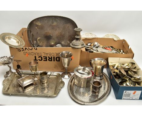 TWO BOXES OF ASSORTED WHITE METAL WARE AND CUTLERY, to include an oval pierced tray, a rectangular tray, salt cellars, goblet