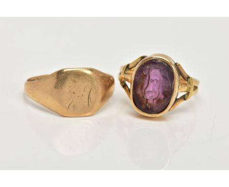 A 9CT GOLD SIGNET RING AND A YELLOW METAL RING, the signet of a square form with worn initials, plain polished tapered should