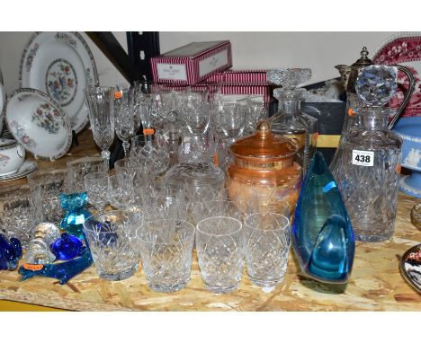 A QUANTITY OF CUT CRYSTAL AND OTHER GLASSWARES, approximately fifty five pieces to include five boxed pairs of Royal Albert C