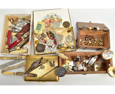A BOX OF ASSORTED ITEMS, to include a brass cigarette box with an engine turned design, a cigar box filled medals, buttons, m
