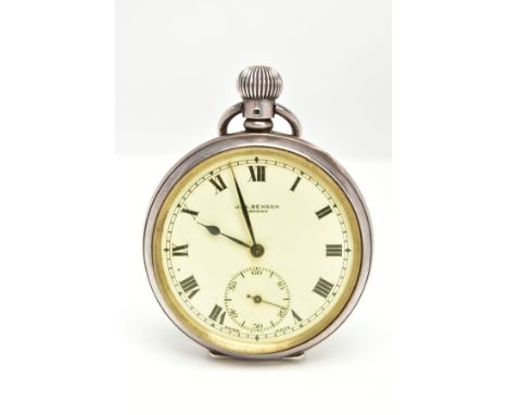 A SILVER 'J.W.BENSON' OPEN FACE POCKET WATCH, round white ceramic dial signed 'J.W.Benson, London', Roman numerals, subsidiar