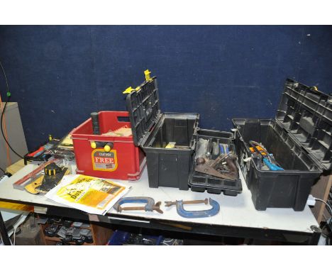 TWO TOOLBOXES AND A TRAY CONTAINING TOOLS including two Record G clamps, an unbranded wood plane, etc
