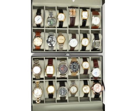 TWO BLACK DISPLAY CASES OF WRISTWATCHES, each with a Perspex lid, with twelve cushions and wristwatches with names to include