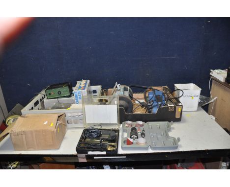 TWO TRAYS CONTAINING POWER AND HAND TOOLS including a Minicraft Power Supply, a Minicraft Auto mini drill, a Powerline Belt S