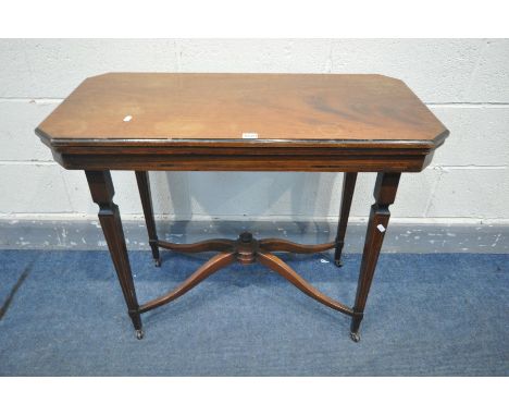 A 19TH CENTURY MAHOGANY AND INLAID FOLD OVER CARD TABLE, ebonised trim, purple baize surface, on square tapering legs, united