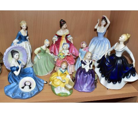 TEN ROYAL DOULTON LADY AND GIRL FIGURES, comprising 'Cissie' HN1809 (minor nibble to leaf), 'Wendy' HN2109, 'Fair Maiden' HN2