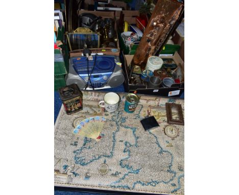 THREE BOXES AND LOOSE METALWARES, BREWERIANA, CD PLAYER AND SUNDRY ITEMS, to include a Carlton Ware Revenge for Majuba Hill m