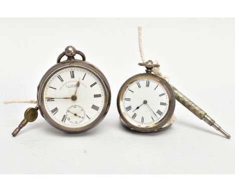 TWO SILVER OPEN FACE POCKET WATCHES, the first with a round white ceramic dial signed ' The express English Lever, J.G.Graves