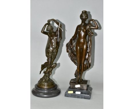 TWO BOXED REPRODUCTION BRONZES OF FEMALE NUDES, one with a cherub, on marble style plinths, tallest 43cm (Condition report: f