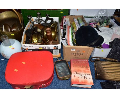 SIX BOXES AND LOOSE BOOKS, METALWARES, SEWING MACHINE, COSTUMES AND ACCESSORIES, LINENS AND SUNDRY ITEMS, to include a helmet