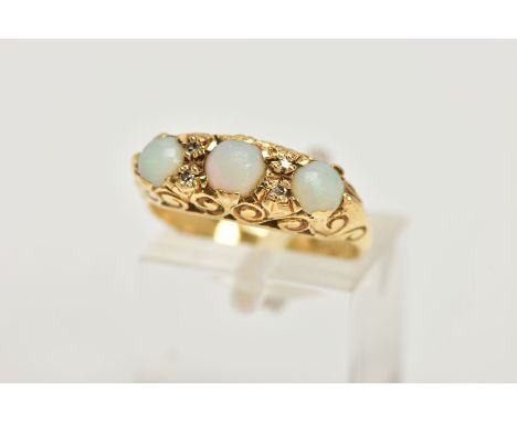 AN 18CT GOLD, OPAL RING, three round oval opal stones accented with four round brilliant cut diamonds, set in a yellow gold h