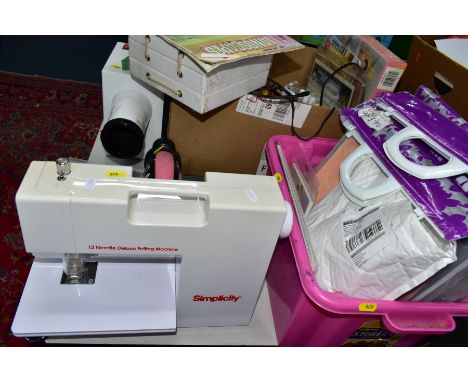 TWO BOXES AND LOOSE ART AND CRAFT EQUIPMENT, including a Simplicity '12 Needle Deluxe Felting Machine', incomplete, card maki