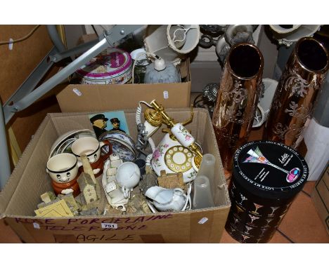 TWO BOXES AND LOOSE CERAMICS, GLASSWARES, LIGHT FITTINGS AND SUNDRY ITEMS, to include two three branch candelabra style light