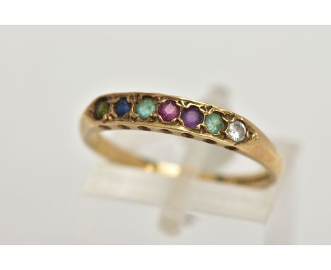 A 9CT GEM SET ACROSTIC 'DEAREST' RING, half eternity style ring set with a row of various gemstones to spell out the word 'De