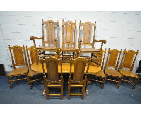 A SET OF TEN LIGHT SOLID OAK HIGH BACK DINING CHAIRS, with fielded panel backs, turned stretchers, to include a pair of carve