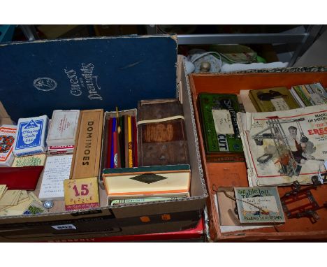 TWO BOXES AND LOOSE TOYS AND GAMES, to include a Hornby Clock Work Trains box containing A.C. Gilbert Co Erector construction