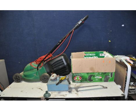 A QUALCAST EASI-TRAK 32 ELECTRIC LAWN MOWER (PAT pass and working) and a small selection of tools including a vintage metal s