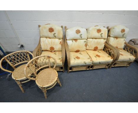 AN MGM THREE PIECE WICKER CONSERVATORY SUITE, comprising a two seater sofa and two armchairs, with floral upholstery, along w