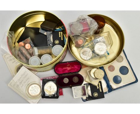 A SMALL CAKE TIN OF COINS AND COMMEMORATIVES, to include: victorian and later silver coinage, an 1888 India one rupee mounted