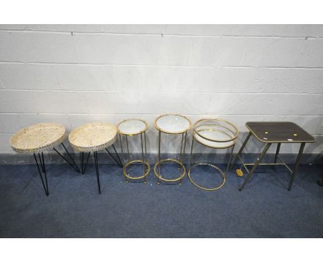 A SELECTION OF DECORATIVE OCCASIONAL FURNITURE, to include a pair of mother of pearl effect circular side tables on hair pin 