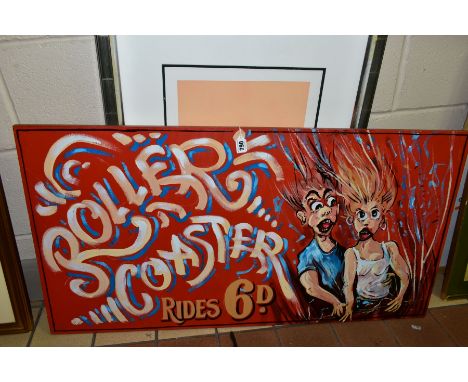 A VINTAGE STYLE HAND PAINTED FAIRGROUND RIDE SIGN, depicting male and female figures with their hair streaming behind them, f