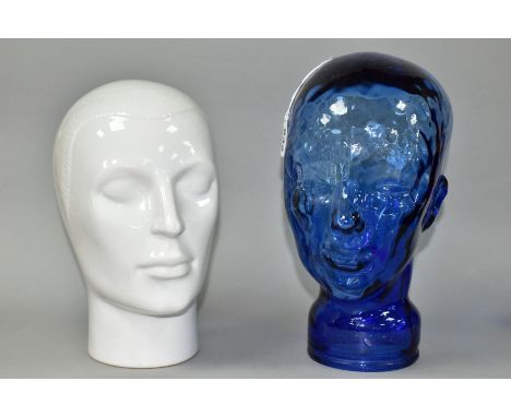 TWO DECORATIVE DISPLAY HEADS IN BLUE GLASS AND WHITE GLAZED CERAMIC, heights 30cm and 27cm (2) (Condition report: ceramic hea