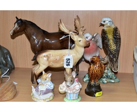 FIVE BESWICK ANIMAL AND BIRD FIGURES AND A ROYAL DOULTON 'MR TOADFLAX' BRAMBLY HEDGE FIGURE, D. BH10, the Beswick comprising 