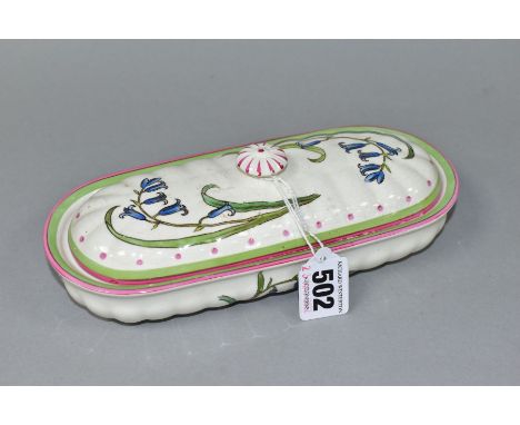 AN EDWARDIAN MINTONS TOOTHBRUSH BOX AND COVER, printed and painted with a bluebell design, D4599, printed and painted marks, 
