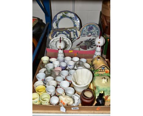 TWO BOXES OF CERAMICS AND GLASS, comprising Royal Doulton Merryweather dinner wares - six side plates, two rectangular dishes