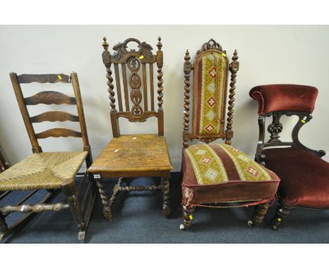 A VICTORIAN WALNUT HALL CHAIR, with a scrolled cresting rail, over barley twist uprights (condition:-rickety joints) a late V