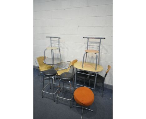 A SELECTION OF BISTRO FURNITURE, to include an aluminium circular table with two armchairs (one chair damaged) a kitchen tabl