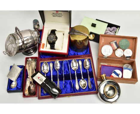 THREE SILVER SPOONS, A GENTS WENGER WRISTWATCH AND OTHER ITEMS, two matching silver spoons engraved with the initials JA, hal