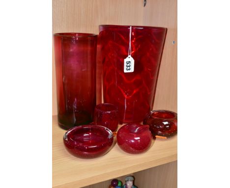 SIX PIECES OF LATE 20TH CENTURY RUBY COLOURED DECORATIVE GLASSWARE, comprising a Whitefriars conical vase with swagged design
