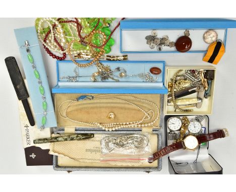 A BOX OF ASSORTED ITEMS, to include five fruit knives, two white metal thimbles, brooches, imitation pearls, beaded necklaces