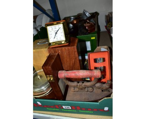 TWO BOXES OF SUNDRY ITEMS ETC, to include a Spong cast iron coffee grinder, Spong bean slicer, Librasca weighing scales, alum