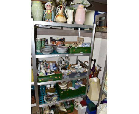 FIVE BOXES AND LOOSE CERAMICS, WALKING STICKS, TABLE LAMPS, ETC, including twenty three collectors plates, a Coalport 'Fantas