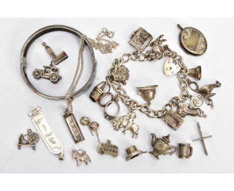 SILVER CHARM BRACELET, BANGLE AND OTHER ITEMS, silver curb link bracelet fitted with twelve charms in various forms such as a