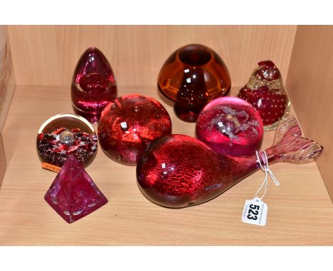 EIGHT MODERN GLASS PAPERWEIGHTS, PRIMARILY CRANBERRY AND RUBY IN COLOUR, including a Wedgwood whale, Wedgwood toadstool in am