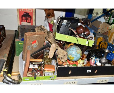 FIVE BOXES AND LOOSE TILLEY LAMP AND SUNDRY ITEMS to include a boxed Tilley Stormlight X246B, two Railway Clearing House plat