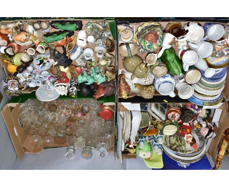 FOUR BOXES OF CERAMICS AND GLASS, to include a framed pot lid, a Wedgwood Jasperware biscuit barrel,  a Carlton Ware toast ra