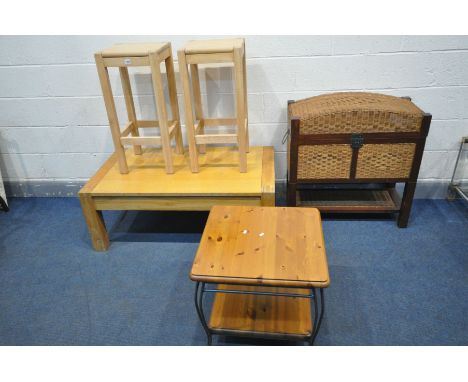 A LIGHT OAK COFFEE TABLE, length 120cm x depth 70cm x height 46cm, and a pair of beech high stools, a ducal pine and wrought 