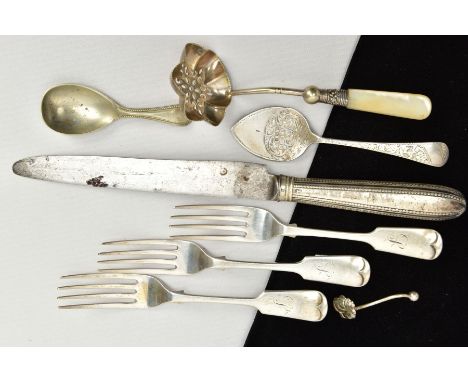 A SELECTION OF SILVER CUTLERY, to include three old English pattern forks, each with an engraved initial to the terminal, hal