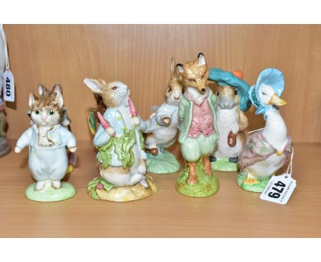 FIVE BESWICK AND THREE ROYAL ALBERT BEATRIX POTTER CHARACTER FIGURES, the Beswick comprising satin finish Benjamin Bunny PS11