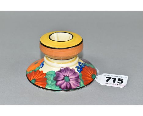 A CLARICE CLIFF FOR WILKINSONS POTTERY GAY DAY PATTERN CANDLESTICK, produced as part of the Bizarre range, printed marks to t