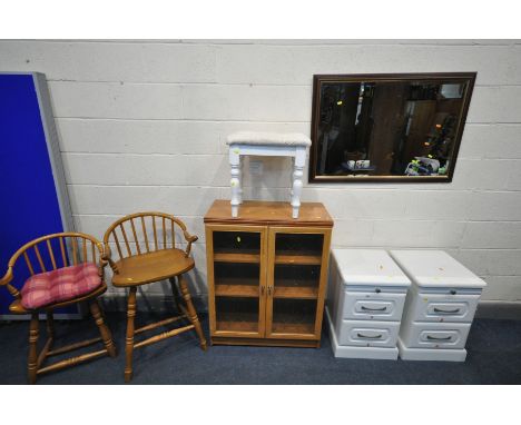 A SELECTION OF OCCASIONAL FURNITURE, a pair of white finish two drawer bedside cabinets, two beech high stools, giltwood oval