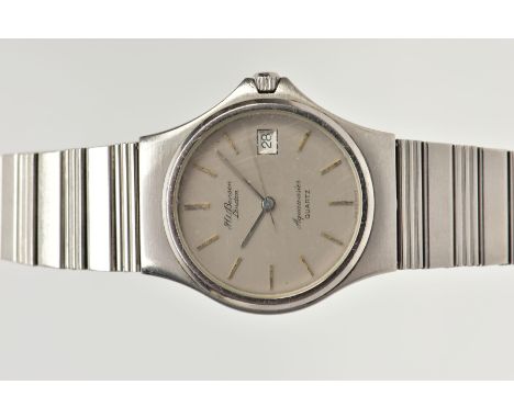 A GENTS 'J W BENSON' QUARTZ WRISTWATCH, round silver dial signed 'J W Benson, Aquamaster Quartz', baton markers, date apertur