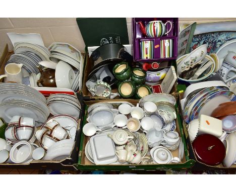 SIX BOXES OF CERAMICS AND SUNDRY ITEMS, to include a boxed Whittard of Chelsea teapot and two mug set, a Breville slow cooker