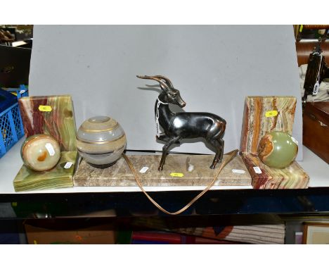 AN ART DECO MARBLE DESK LAMP WITH SPELTER ANTELOPE SCULPTURE, approximate length 35cm, a pair of onyx bookends with spherical