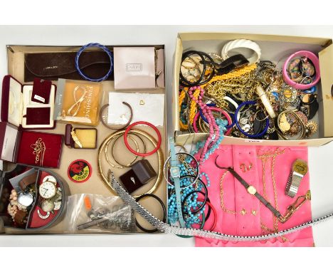 A BOX OF ASSORTED COSTUME JEWELLERY, to include a small black floral detailed jewellery box with contents to include a gents 